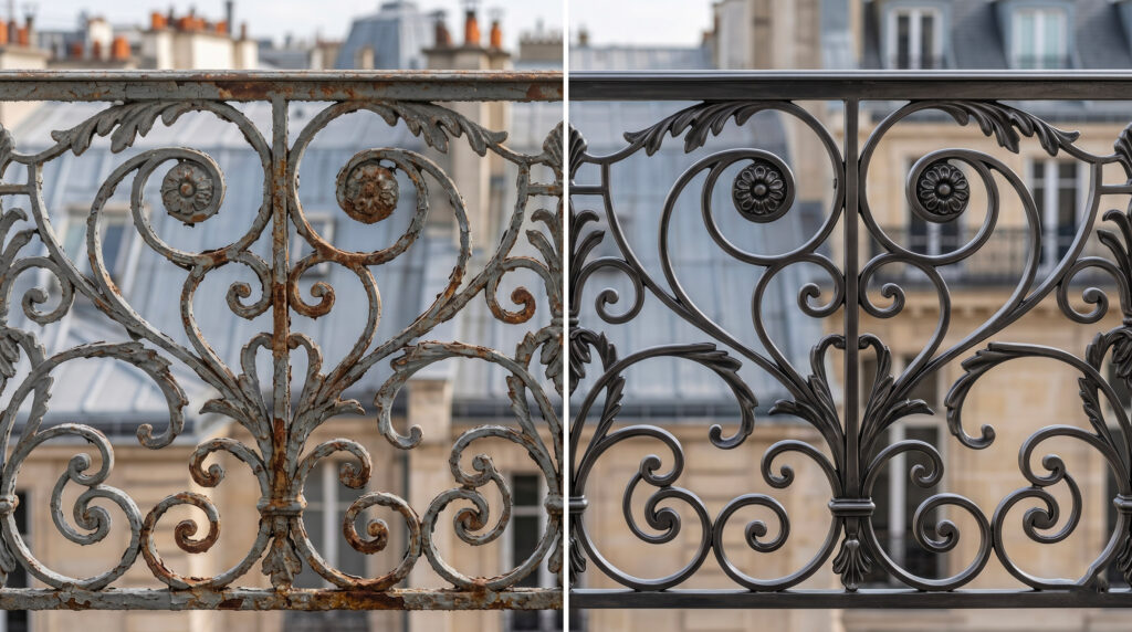 Décapage laser écologique à Paris, comparaison avant et après sur grille en fer forgé haussmannienne