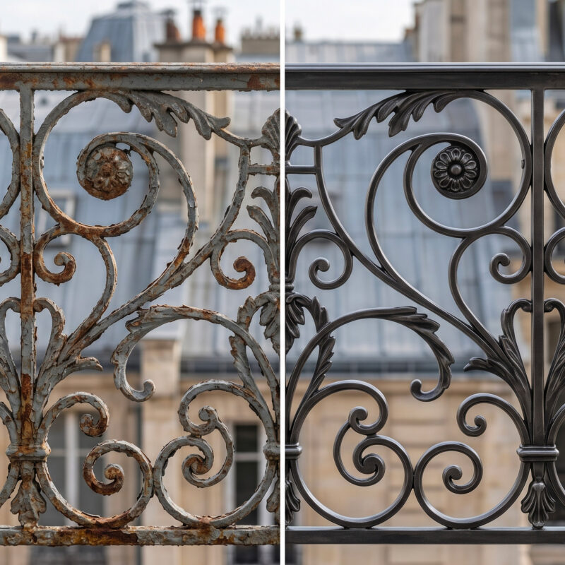 Décapage laser écologique à Paris, comparaison avant et après sur grille en fer forgé haussmannienne