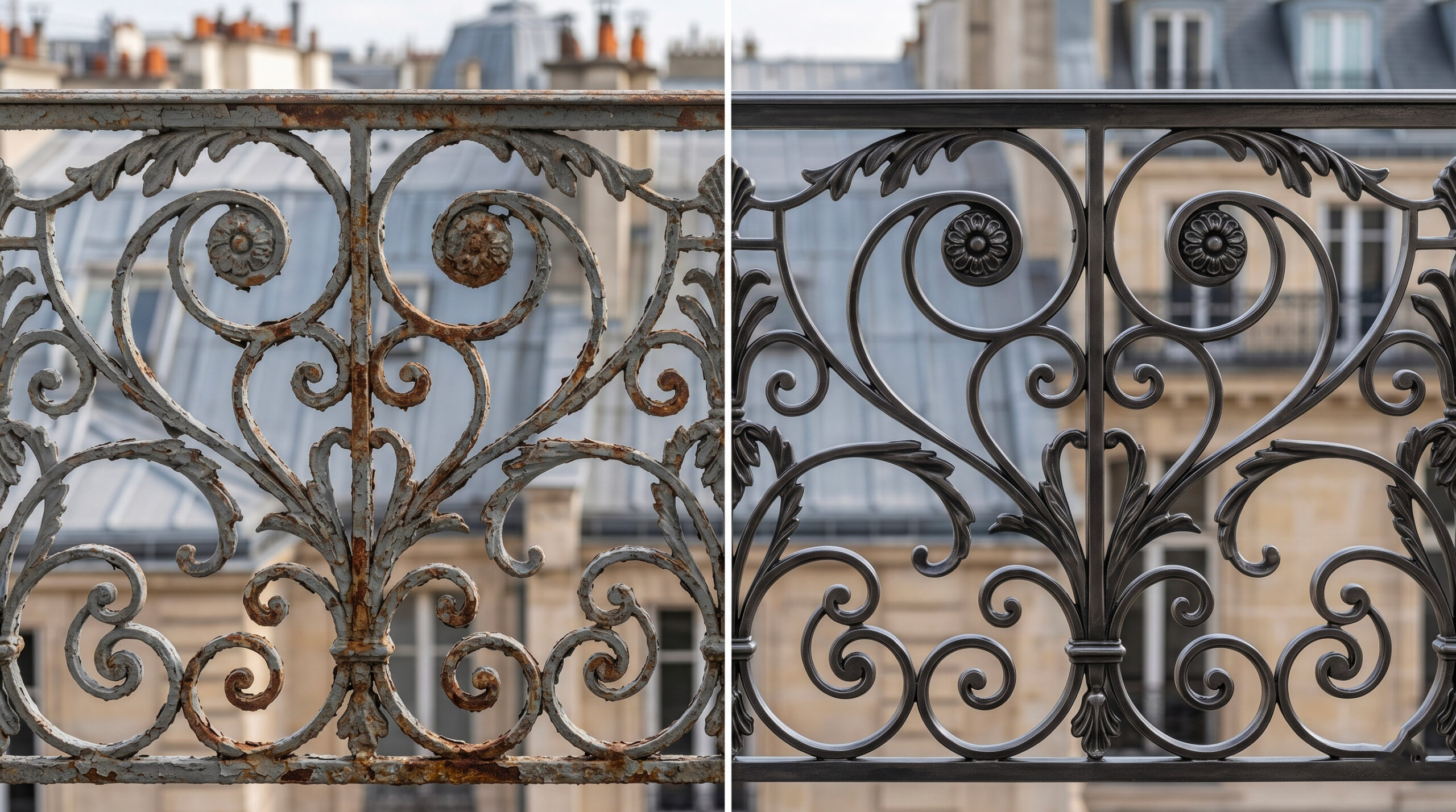 Décapage laser écologique à Paris, comparaison avant et après sur grille en fer forgé haussmannienne