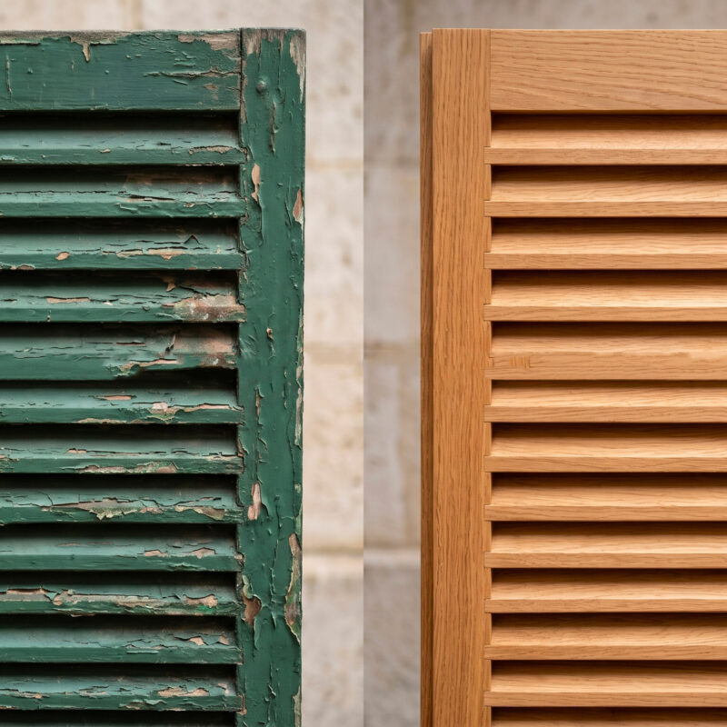 Volet parisien en bois avant et après décapage peinture au laser