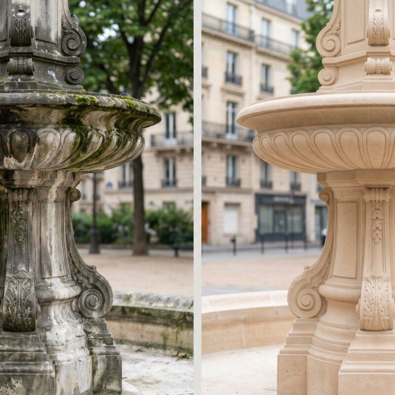 Fontaine en pierre de taille parisienne avant et après nettoyage laser, pollution et croûtes noires retirées, sculptures visibles