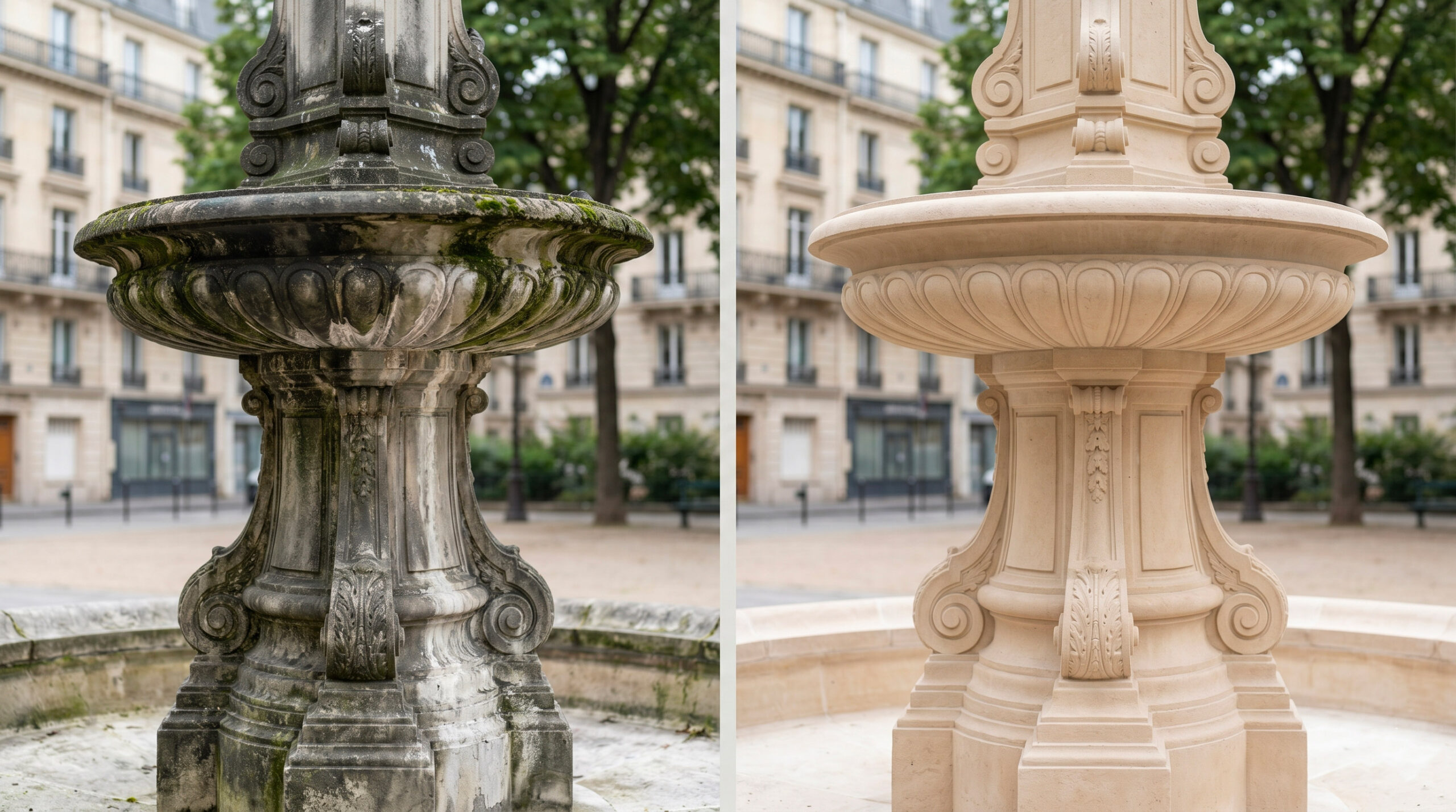 Fontaine en pierre de taille parisienne avant et après nettoyage laser, pollution et croûtes noires retirées, sculptures visibles