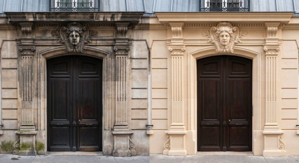 Entrée d'immeuble haussmannien en pierre de taille avant et après nettoyage laser