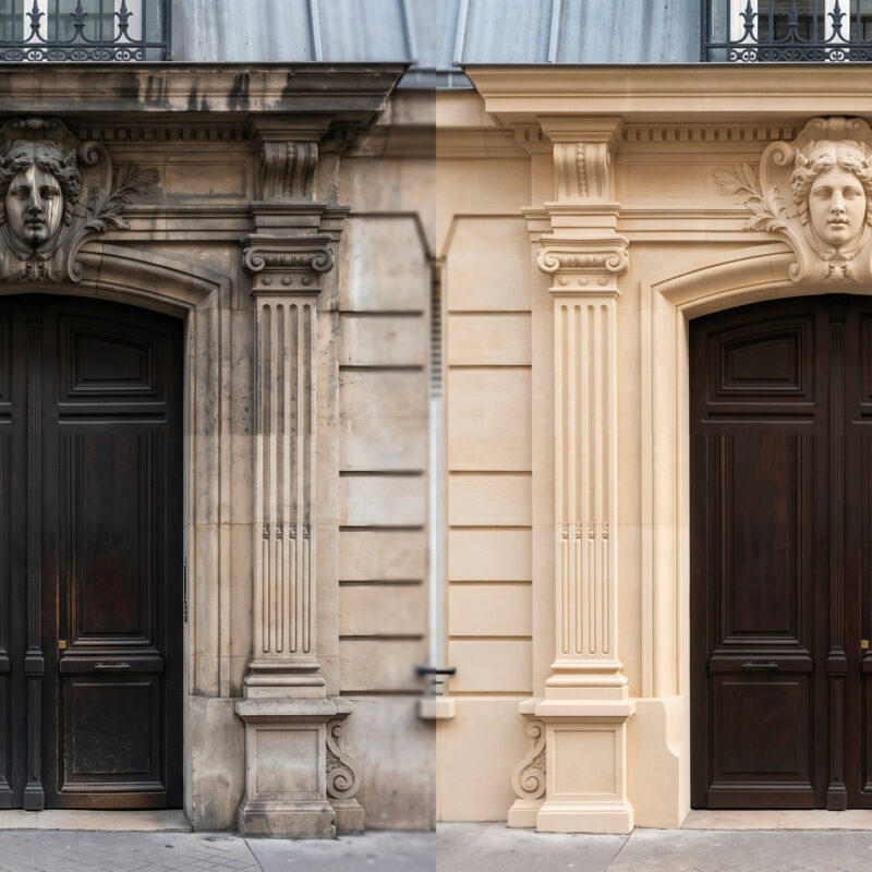 Entrée d'immeuble haussmannien en pierre de taille avant et après nettoyage laser