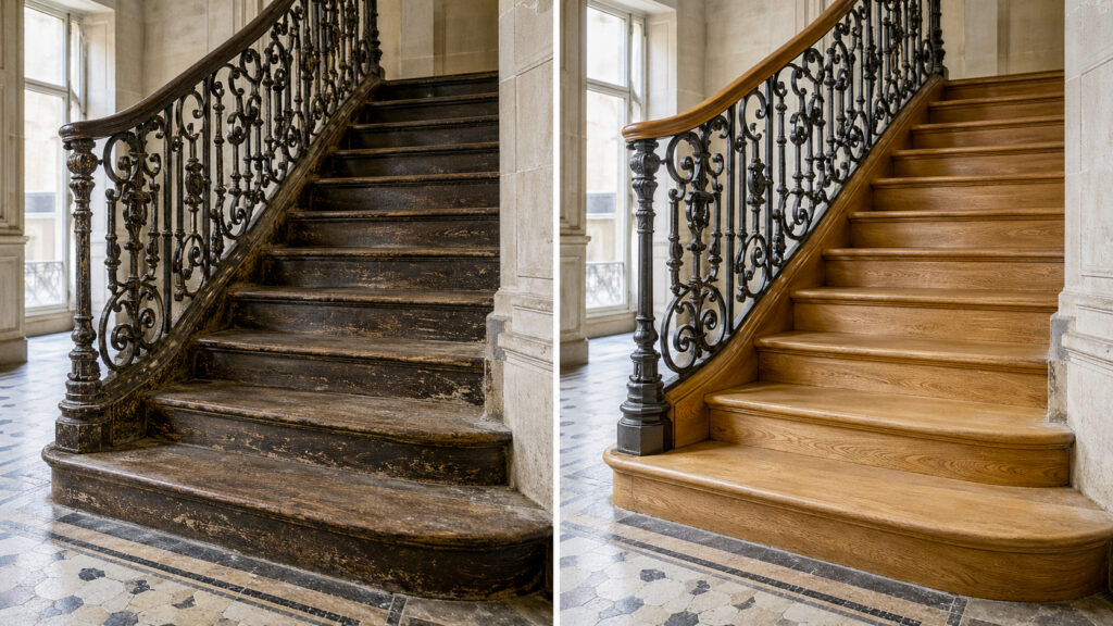 Escalier haussmannien parisien avant et après décapage laser, marches bois et rampe fer forgé restaurées sans démontage