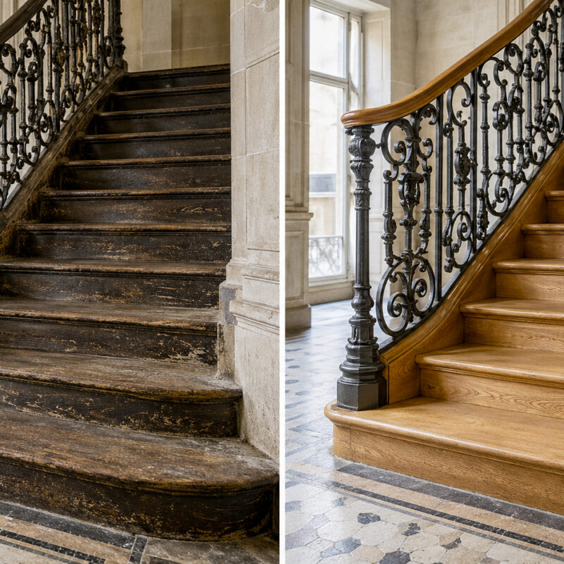 Escalier haussmannien parisien avant et après décapage laser, marches bois et rampe fer forgé restaurées sans démontage