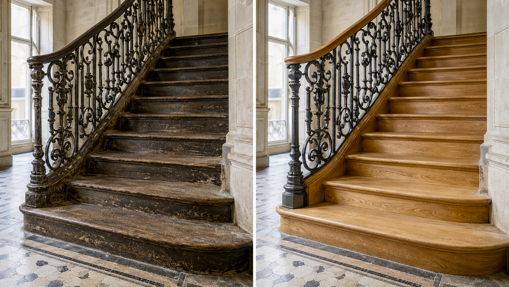 Escalier haussmannien parisien avant et après décapage laser, marches bois et rampe fer forgé restaurées sans démontage