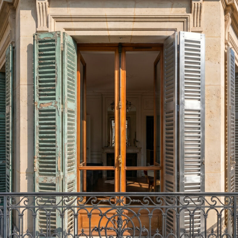 Volet métallique parisien avant et après décapage au laser, rouille et peinture retirées, acier nu