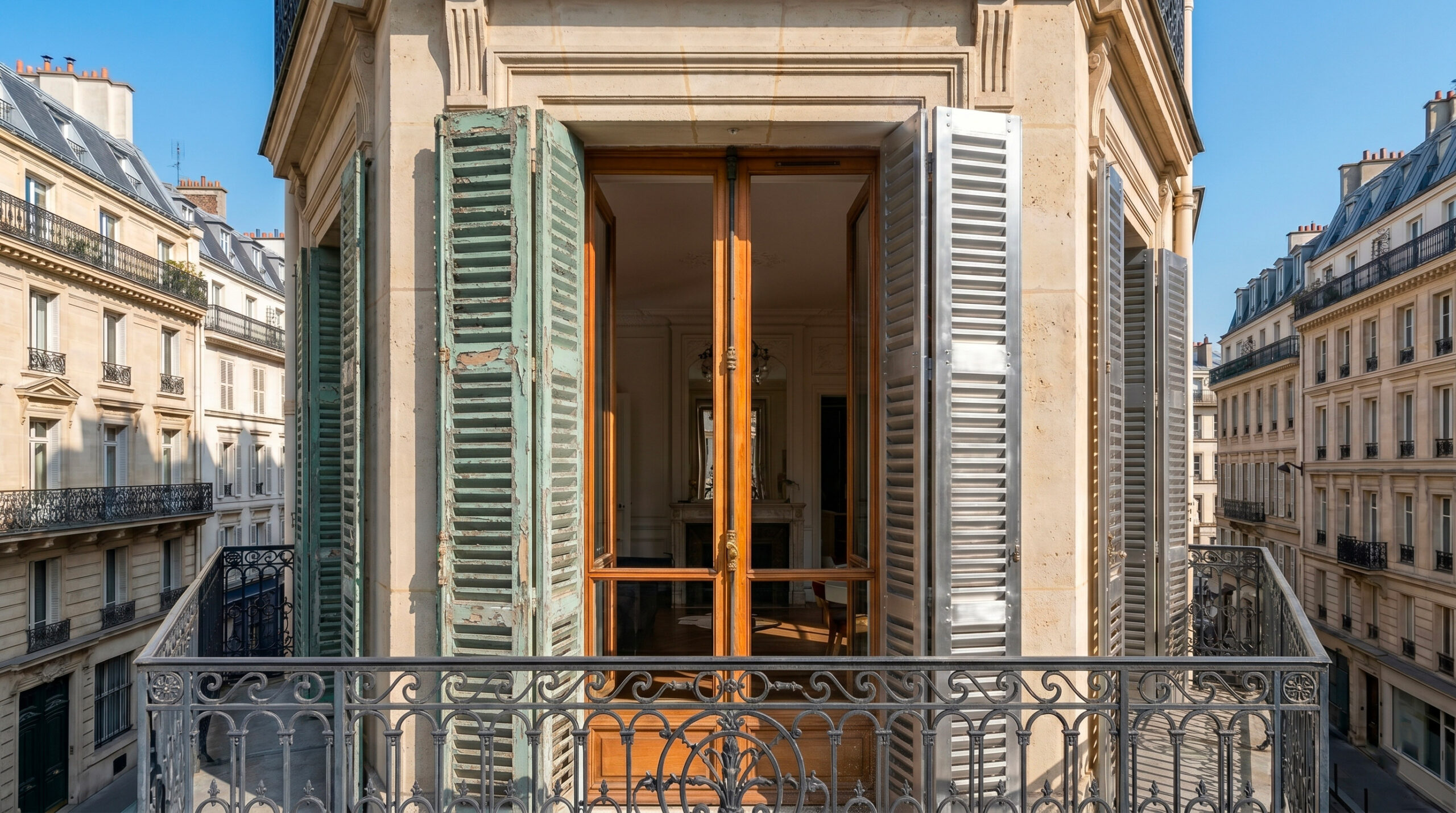 Volet métallique parisien avant et après décapage au laser, rouille et peinture retirées, acier nu
