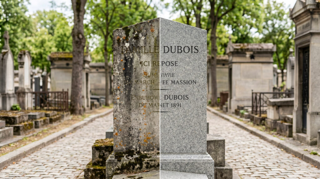 Pierre tombale en granit avant et après nettoyage au laser dans un cimetière parisien