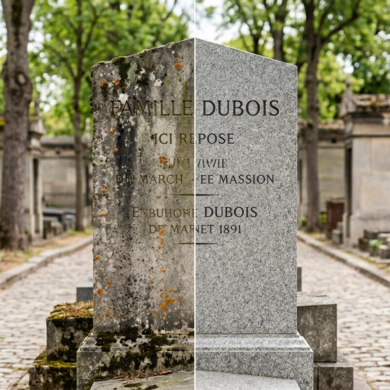 Pierre tombale en granit avant et après nettoyage au laser dans un cimetière parisien
