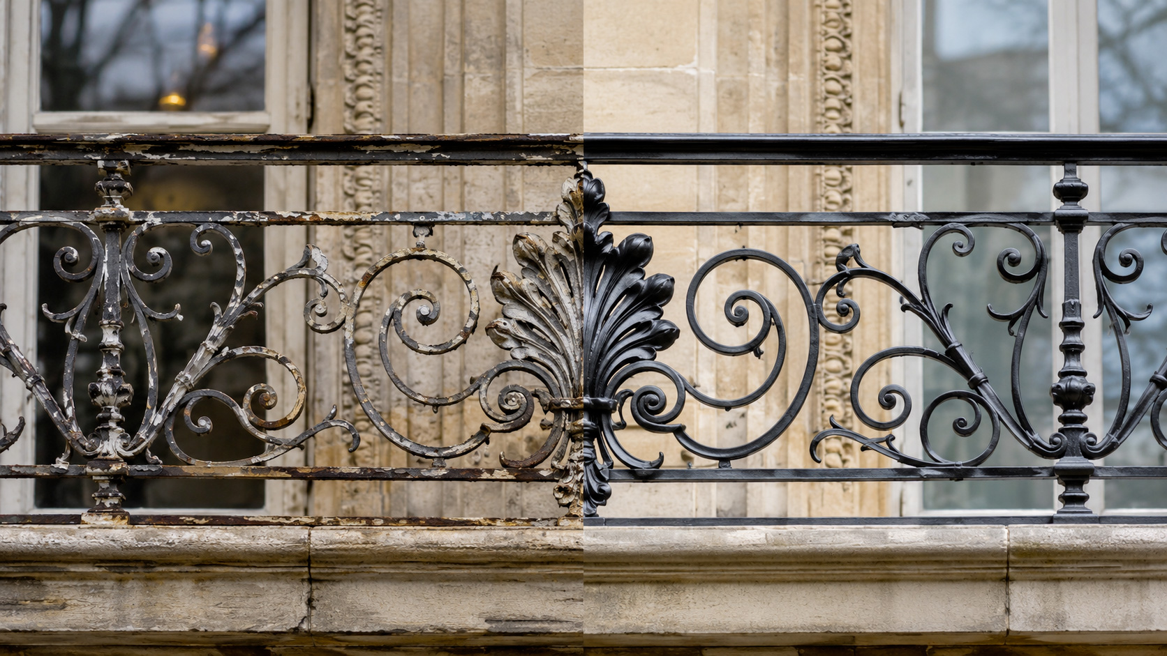 Décapage laser à Paris d'une ferronnerie haussmannienne, avant et après nettoyage