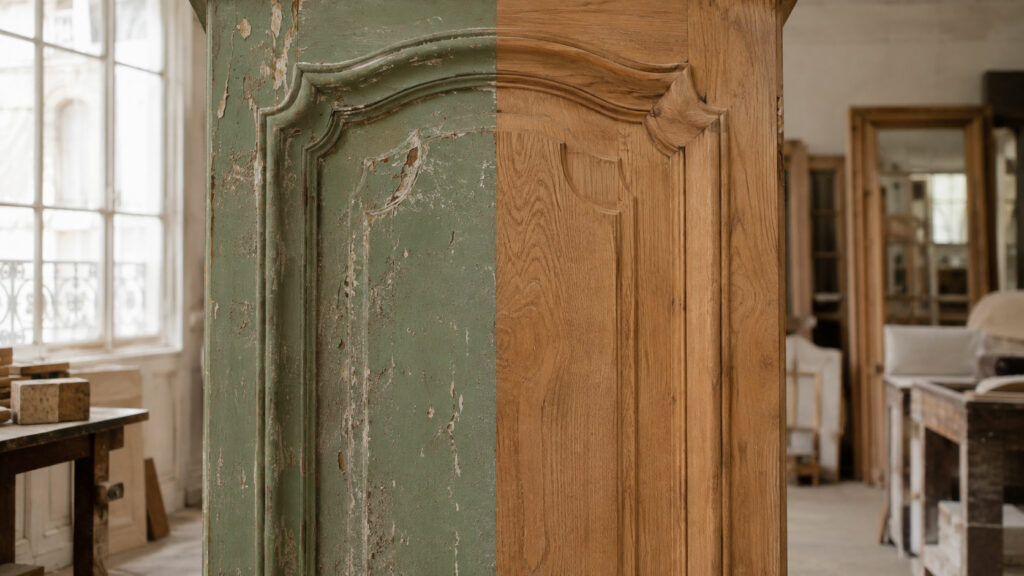 Comparatif décapage laser et aérogommage sur porte de meuble ancien à Paris, avant et après