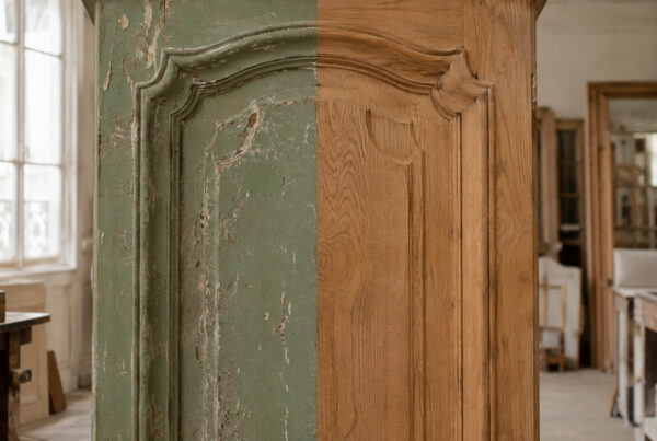 Comparatif décapage laser et aérogommage sur porte de meuble ancien à Paris, avant et après