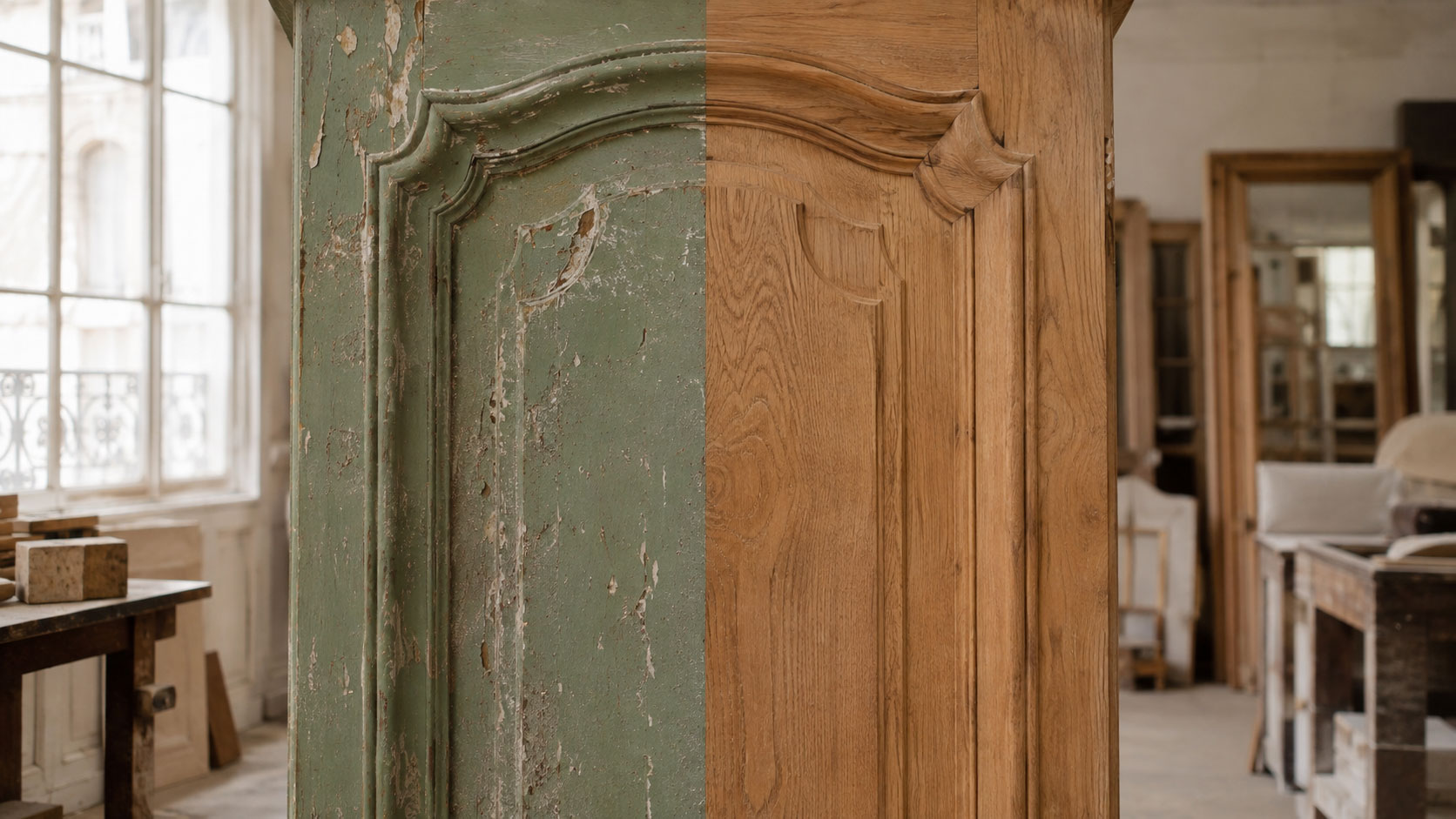 Comparatif décapage laser et aérogommage sur porte de meuble ancien à Paris, avant et après